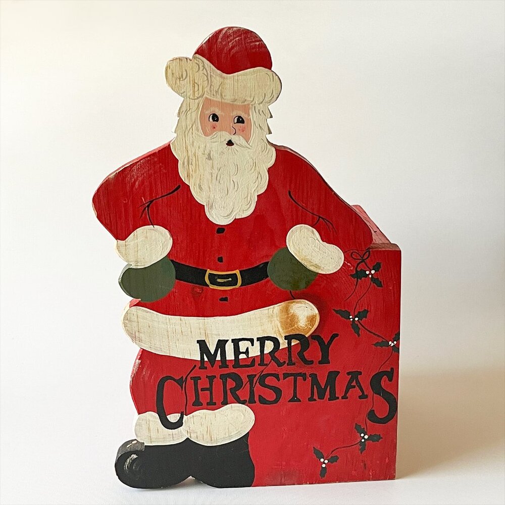 Vintage Hand Painted Santa Wood Box Merry Christmas Decor Holder Container